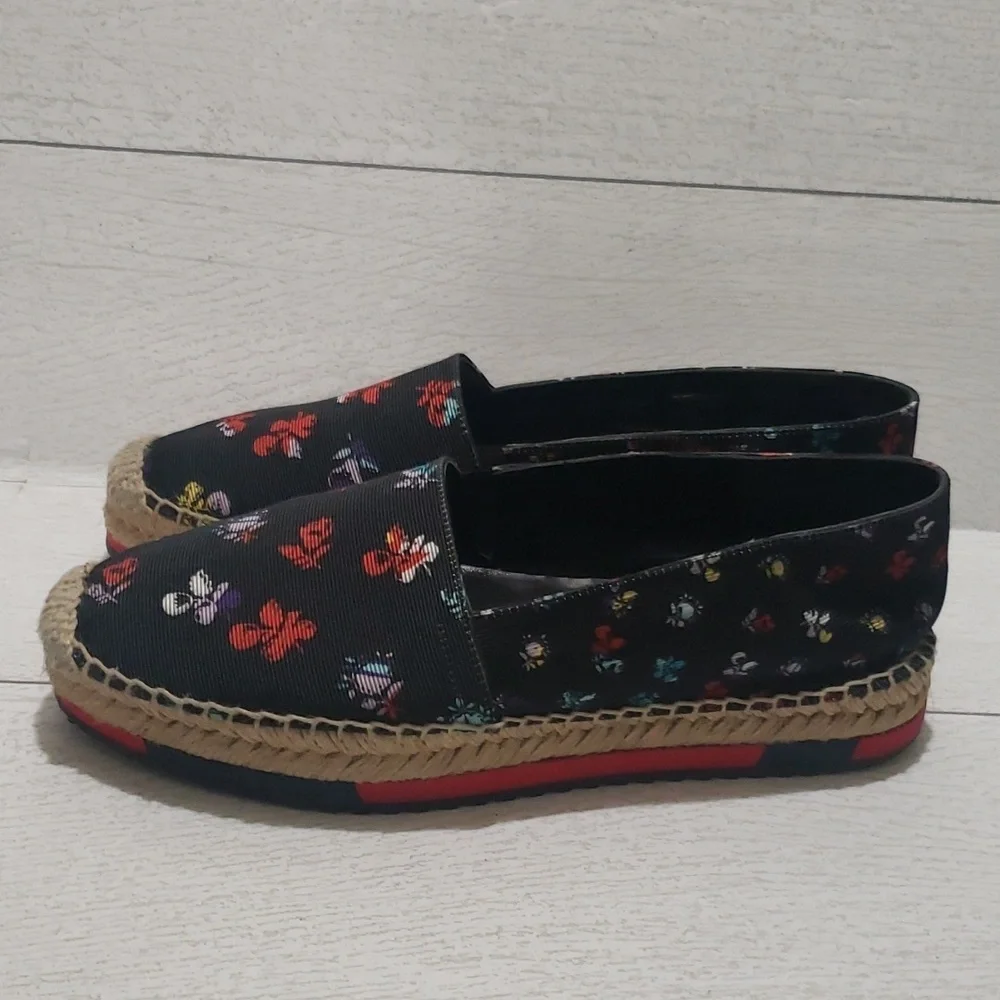 Diane Von Furstenberg 8 black canvas floral loafers espadrilles platforms